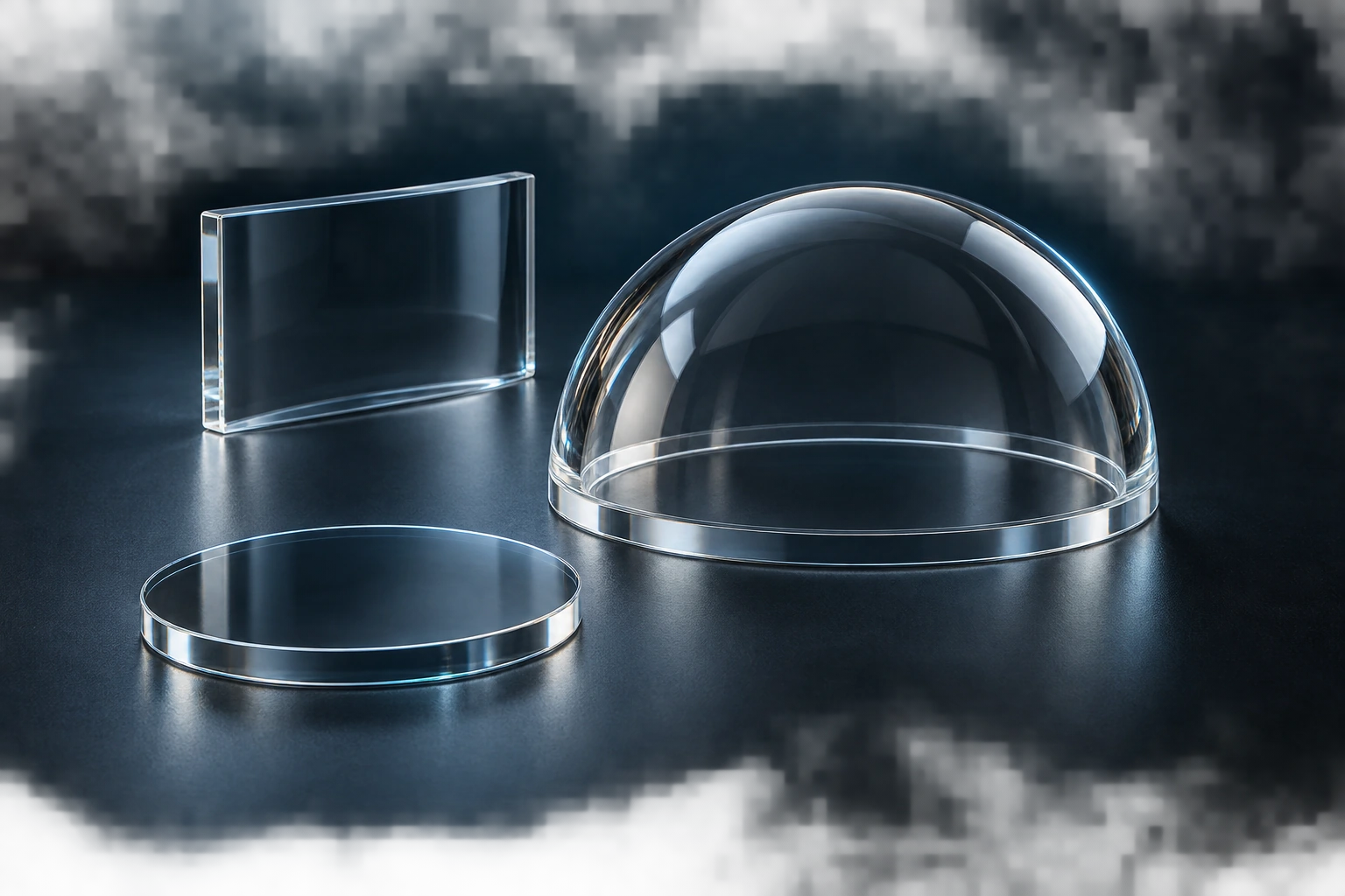 Studio visualization of a sapphire optical dome, curved window and circular flat window